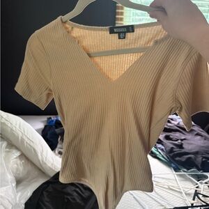 Missguided Beige Ribbed V-Neck Bodysuit